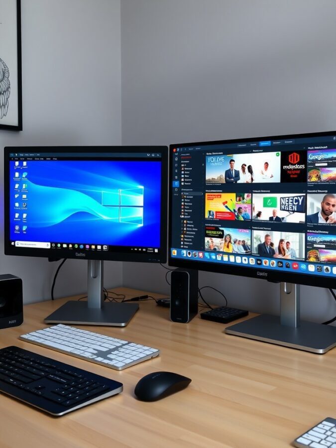 A dual monitor setup with one screen showing a desktop and the other displaying various applications.