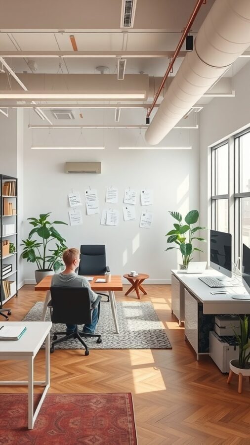 A modern home office with a large desk, comfortable seating, plants, and a whiteboard for collaboration.