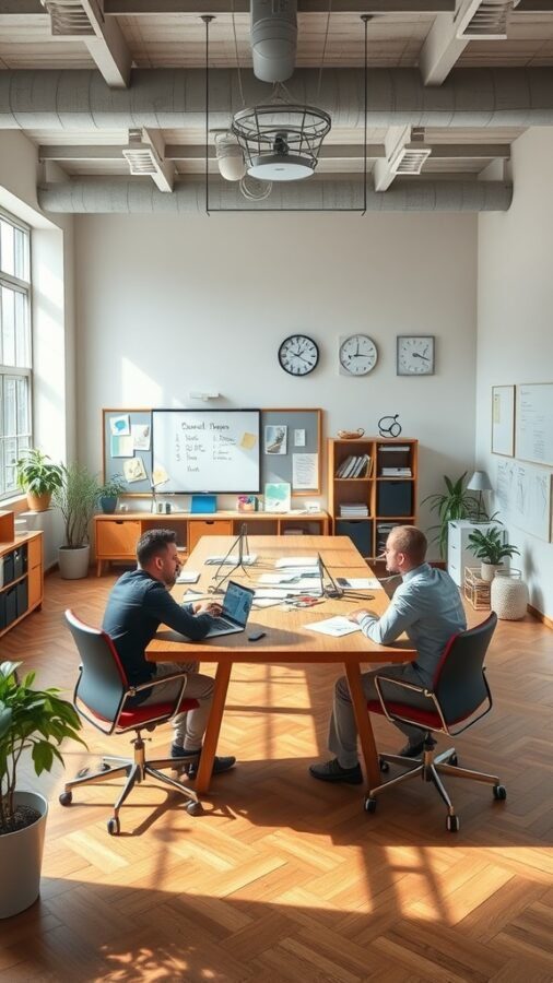 A bright home office with two people collaborating at a large wooden table, laptops open, surrounded by plants and a whiteboard.
