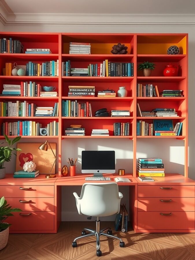 A vibrant orange shelving unit filled with books and decorative items in a home office setting.