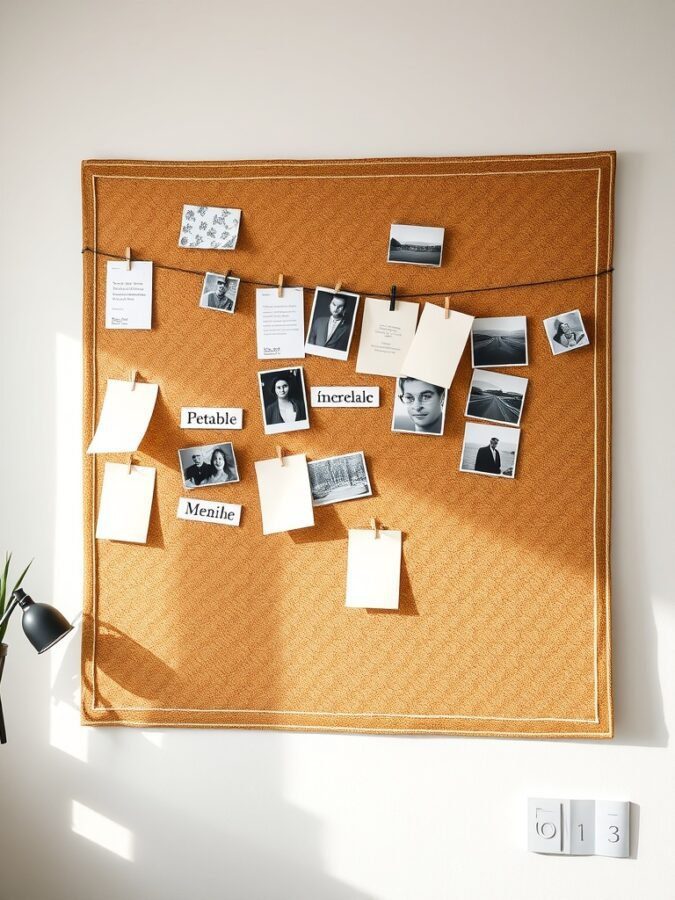 A bulletin board with a textured orange background displaying photos and notes clipped with clothespins.