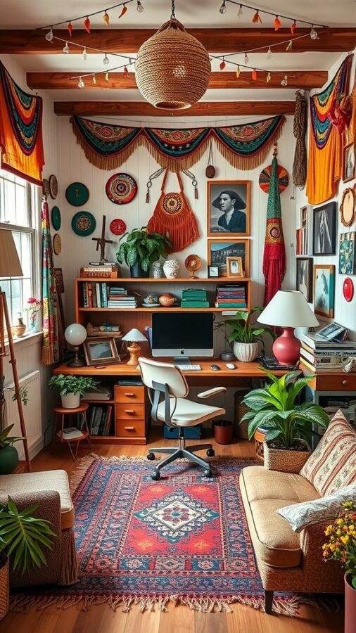 A cozy eclectic bohemian workspace featuring colorful decor, plants, and a wooden desk.