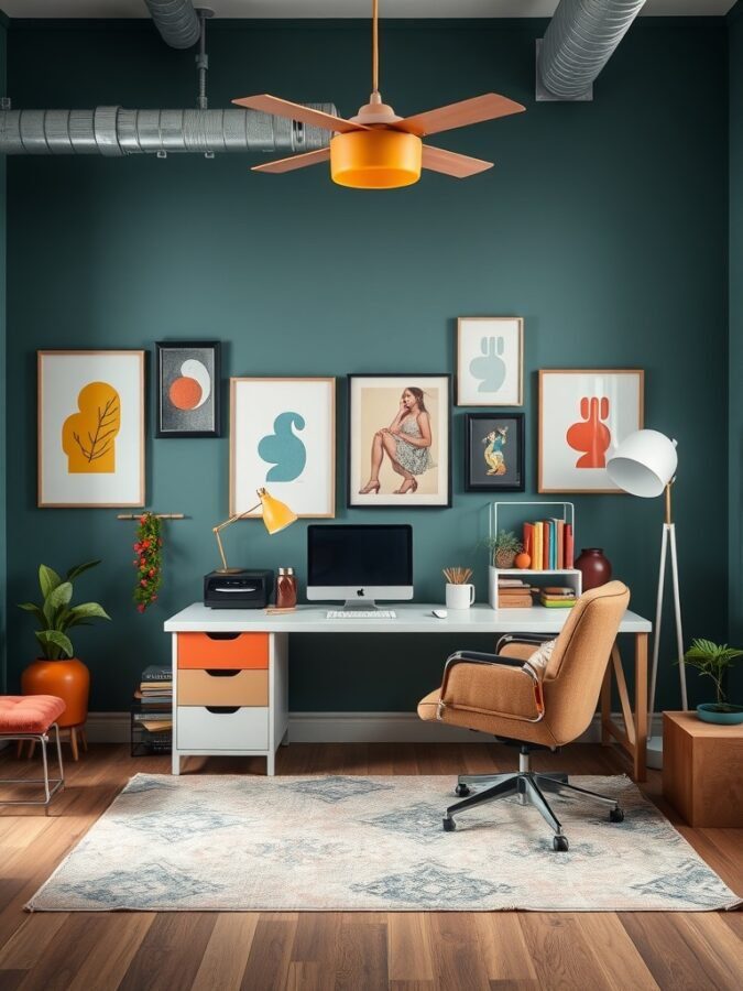 A colorful home office featuring teal walls, eclectic artwork, and vibrant furniture.