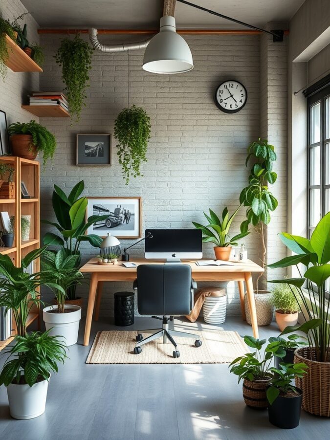 A stylish home office featuring a wooden desk, plants, and industrial decor.