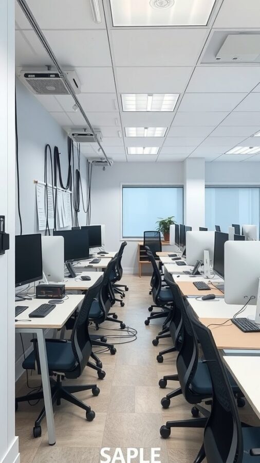 23 Creative Home Office Ideas for Shared Workspaces 17 A modern shared office space with organized workstations and neatly managed cables.