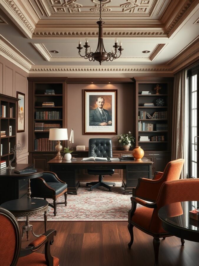 A sophisticated home office featuring dark wood furniture, a plush chair, bookshelves, and elegant decor.