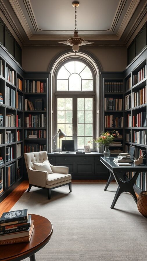 A cozy home office with dark wooden bookshelves filled with books, a comfortable armchair, a stylish desk, and a large window letting in natural light.