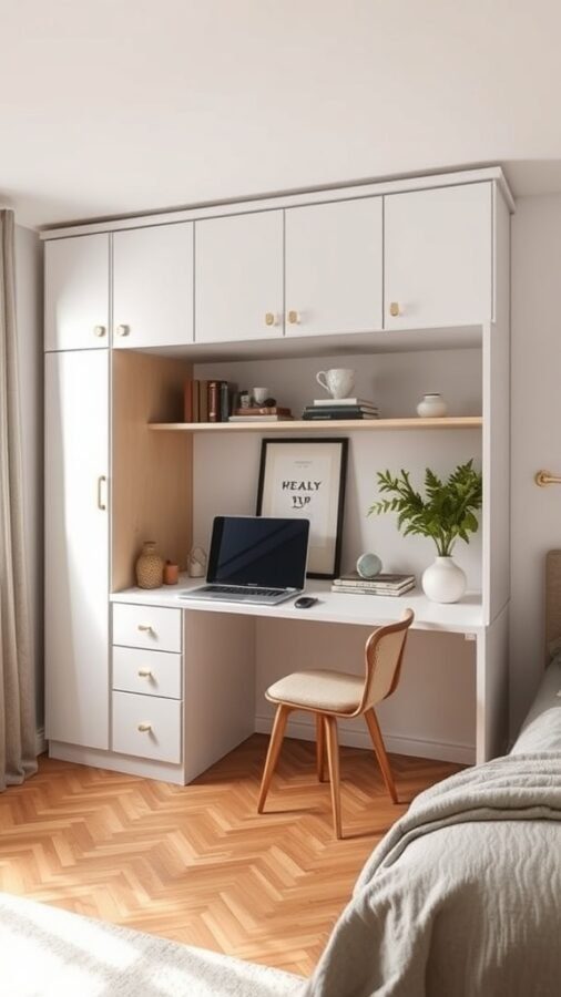 A stylish Murphy desk design with white cabinetry, a wooden accent, and a cozy chair in a home office setting.