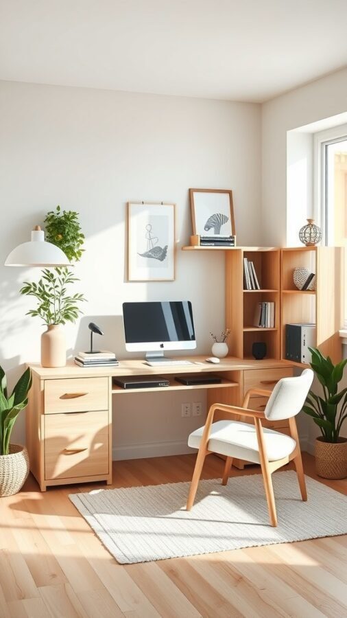 A Scandinavian inspired home office with light wood furniture, a computer on the desk, and potted plants.