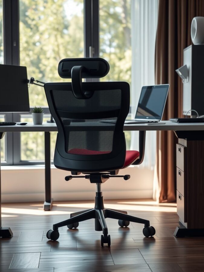 A modern ergonomic chair with a mesh back and headrest in a home office setting.