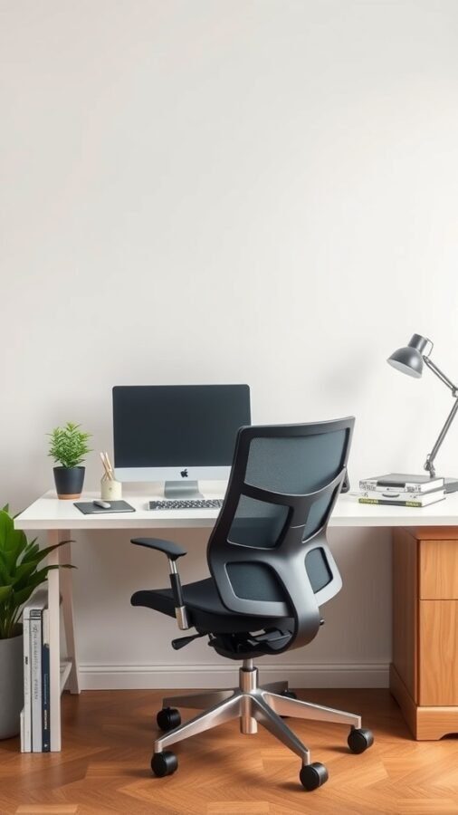 19 Inspiring Home Office Ideas You Need to Try 12 A modern ergonomic office setup featuring a stylish chair, desk, and computer.