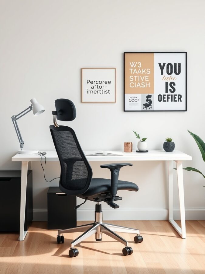 A modern home office setup featuring an ergonomic chair and a sleek desk with decorative items.