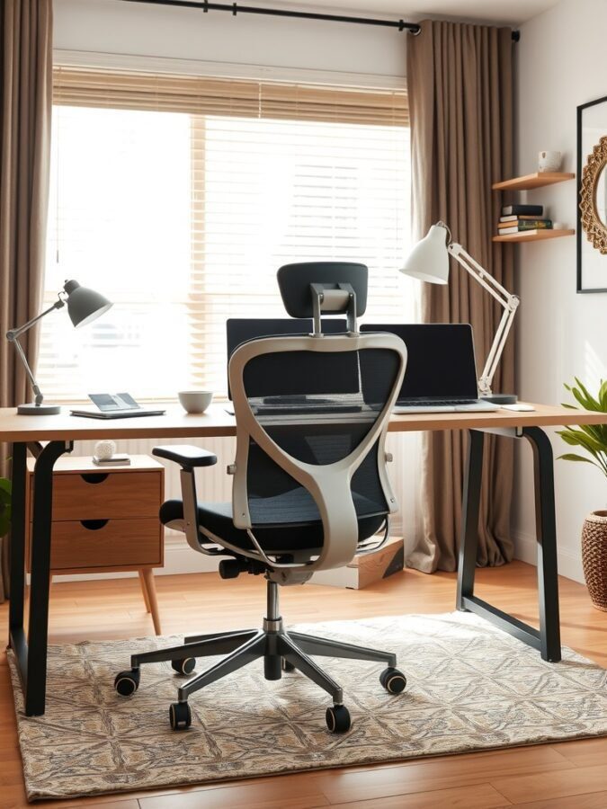 A modern ergonomic office setup featuring a comfortable chair and spacious desk with good lighting.