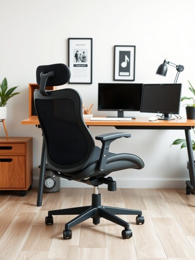 A modern ergonomic office chair in front of a desk with dual monitors and decorative elements.
