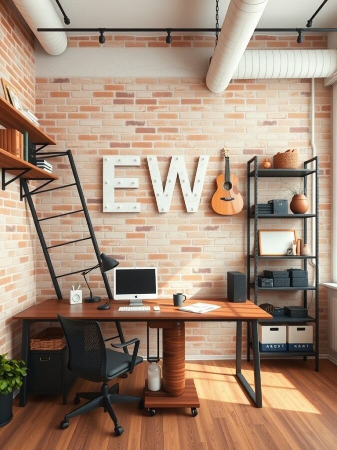 A stylish home office featuring exposed brick walls, a wooden desk, and modern decor.