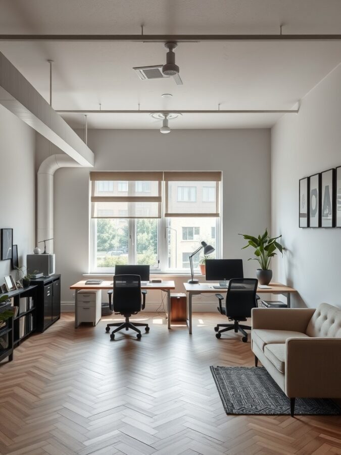A spacious home office with two desks, a couch, and large windows, designed for collaboration.