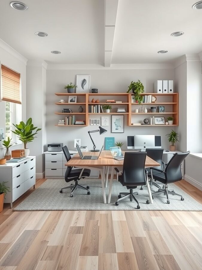 A modern home office with a central table, black chairs, and organized shelves, designed for collaboration.
