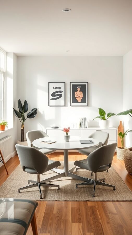 23 Creative Home Office Ideas for Shared Workspaces 10 A bright and inviting flexible meeting space with a round table and comfortable chairs, surrounded by plants and artwork.
