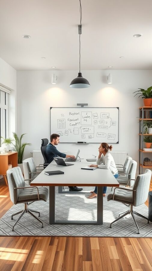 21 Creative Home Office Ideas to Boost Your Productivity 13 Two people collaborating in a modern office space with a whiteboard and plants.
