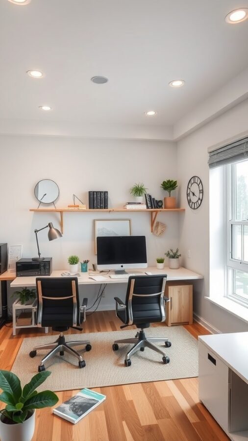 19 Inspiring Home Office Ideas You Need to Try 15 A modern home office with two chairs, a desk, and plants, showcasing a flexible work zone.