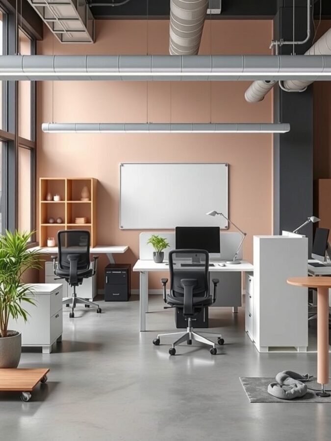 A modern office space featuring ergonomic chairs, spacious desks, and plants, designed for flexible work.