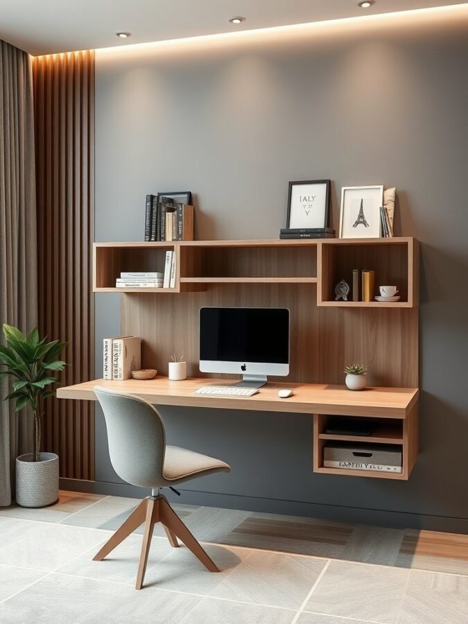 25 Smart Storage Solutions for a Stylish Home Office 8 A modern floating desk with built-in storage, featuring a computer, books, and decorative items.