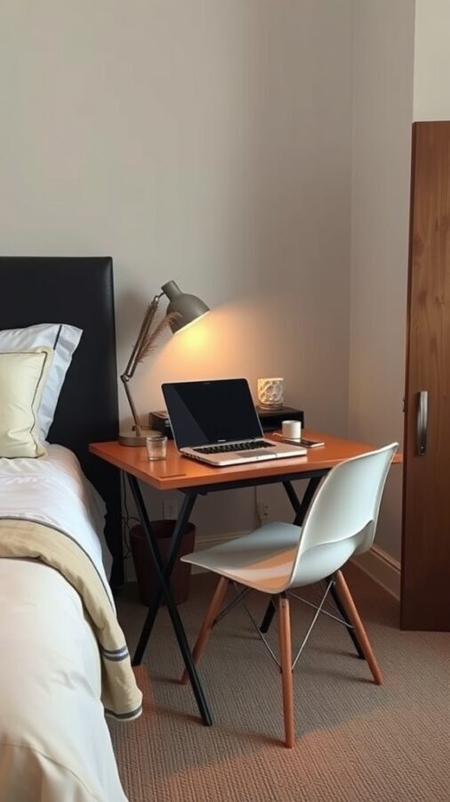 A compact folding desk with a laptop, next to a bed in a cozy room
