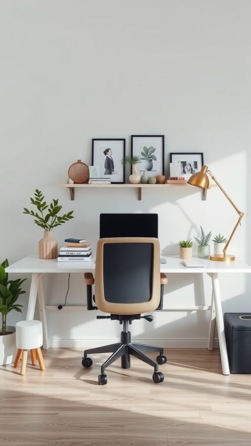 21 Creative Home Office Ideas to Boost Your Productivity 1 A stylish and functional home office desk arrangement with a white desk, comfortable chair, and decorative elements.