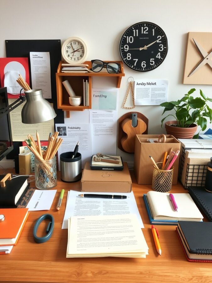 A well-organized home office desk with various functional accessories including pens, notebooks, a clock, and a plant.