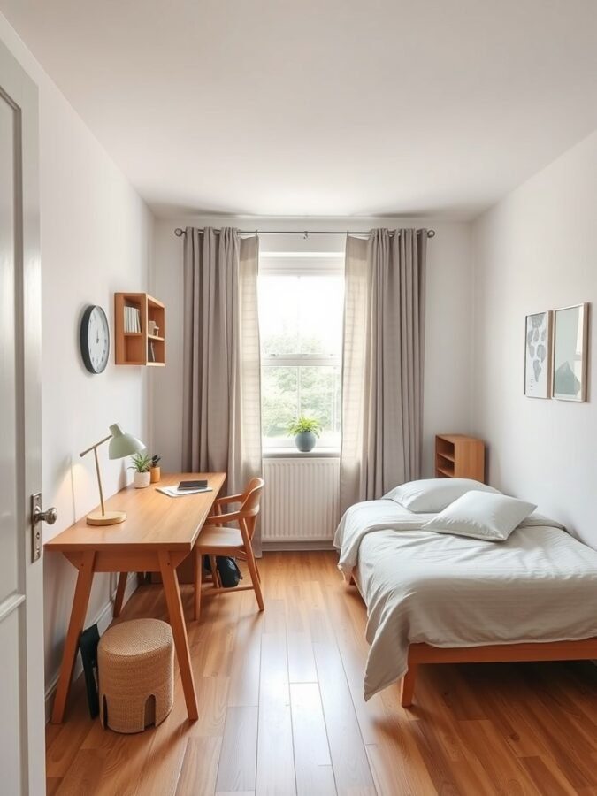 A cozy dual-purpose room featuring a desk, chair, bed, and natural light from a window.