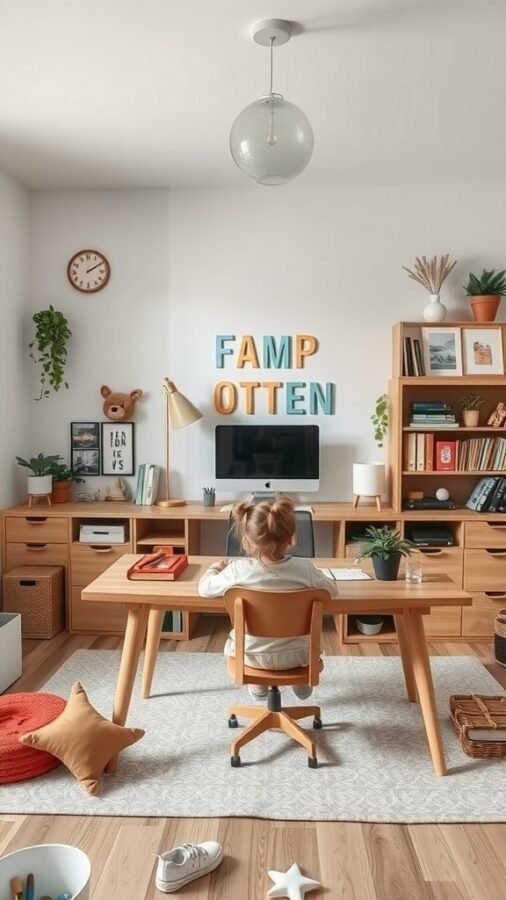 A cozy home office with a wooden desk, colorful wall letters, and a comfortable chair, designed for family use.
