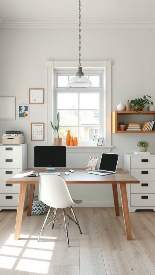A bright home office with a wooden desk, two computers, a white chair, and plants by the window.