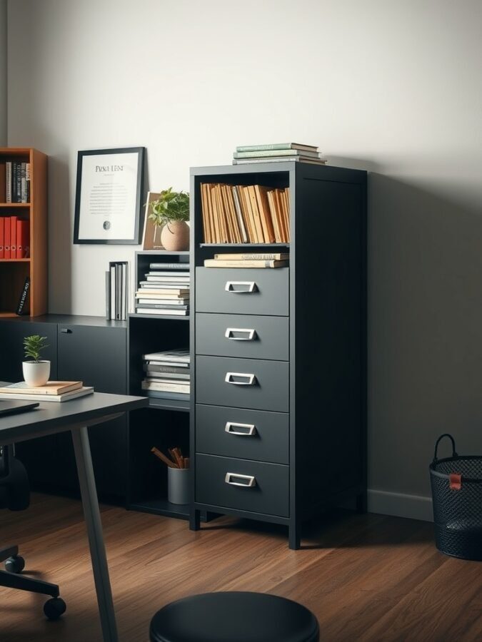 A modern home office featuring a sleek filing cabinet and a bookshelf with books and plants.