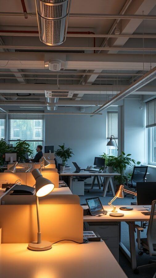 23 Creative Home Office Ideas for Shared Workspaces 14 A modern shared office space with various lighting solutions, including desk lamps and natural light from windows.