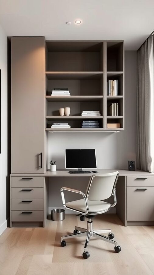 A minimalist home office featuring a desk with storage drawers and shelves above, showcasing a clean and organized workspace.