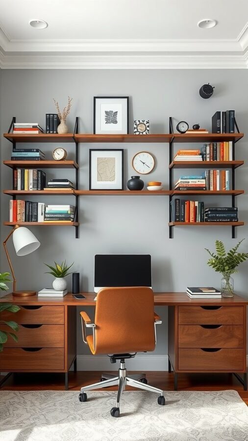 19 Inspiring Home Office Ideas You Need to Try 3 A modern home office featuring functional wall shelves with books, decor, and a desk.