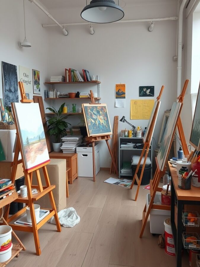 A bright artist's studio with easels, canvases, and art supplies organized on shelves.