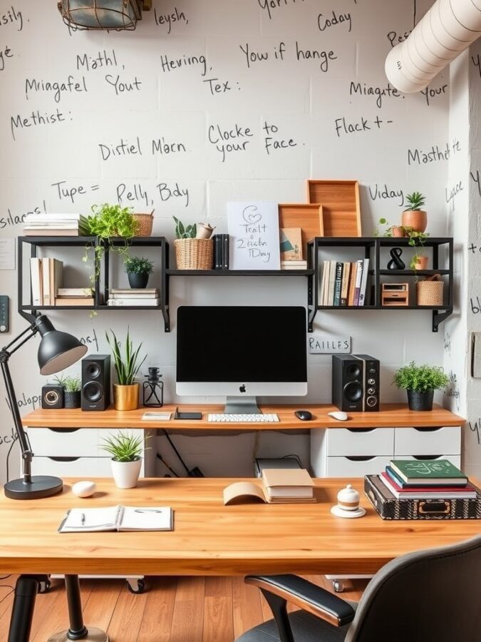 A stylish home office featuring a wooden desk, computer, plants, and a wall with handwritten notes.