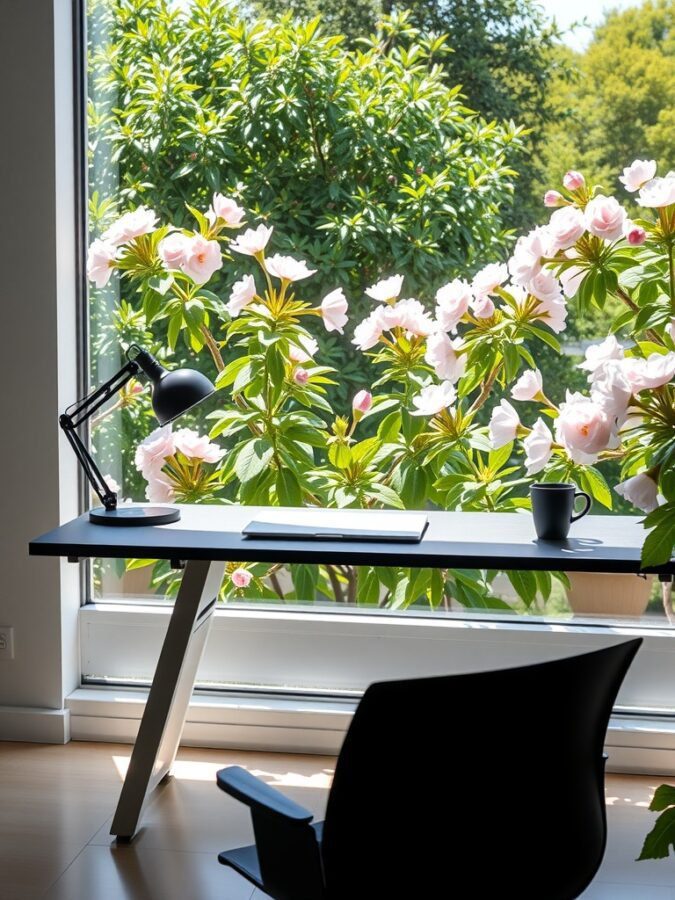A modern desk setup with a view of a garden filled with pink flowers and greenery.