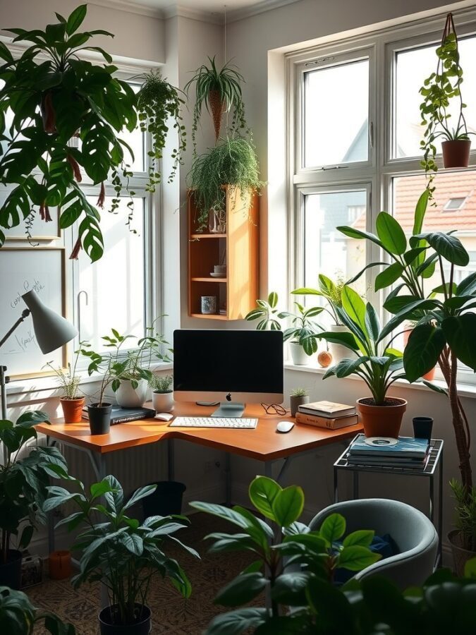 A cozy home office with a wooden desk surrounded by various indoor plants, a computer, and natural light coming through the windows.