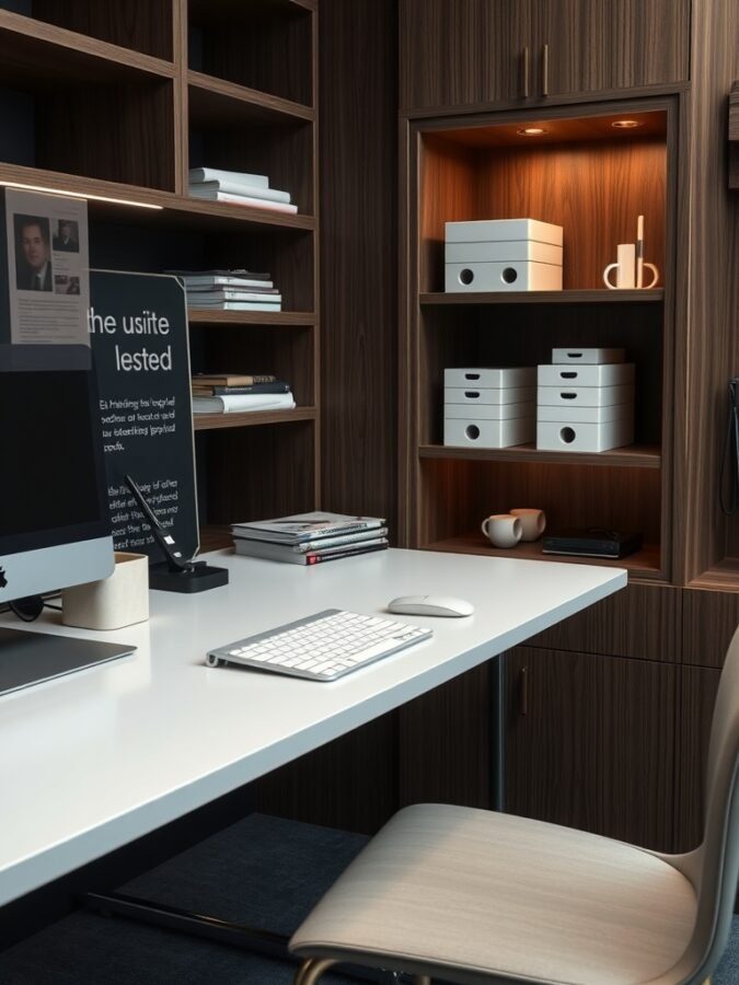 25 Smart Storage Solutions for a Stylish Home Office 3 A modern home office setup featuring a desk with an iMac, storage boxes on shelves, and a clean workspace.
