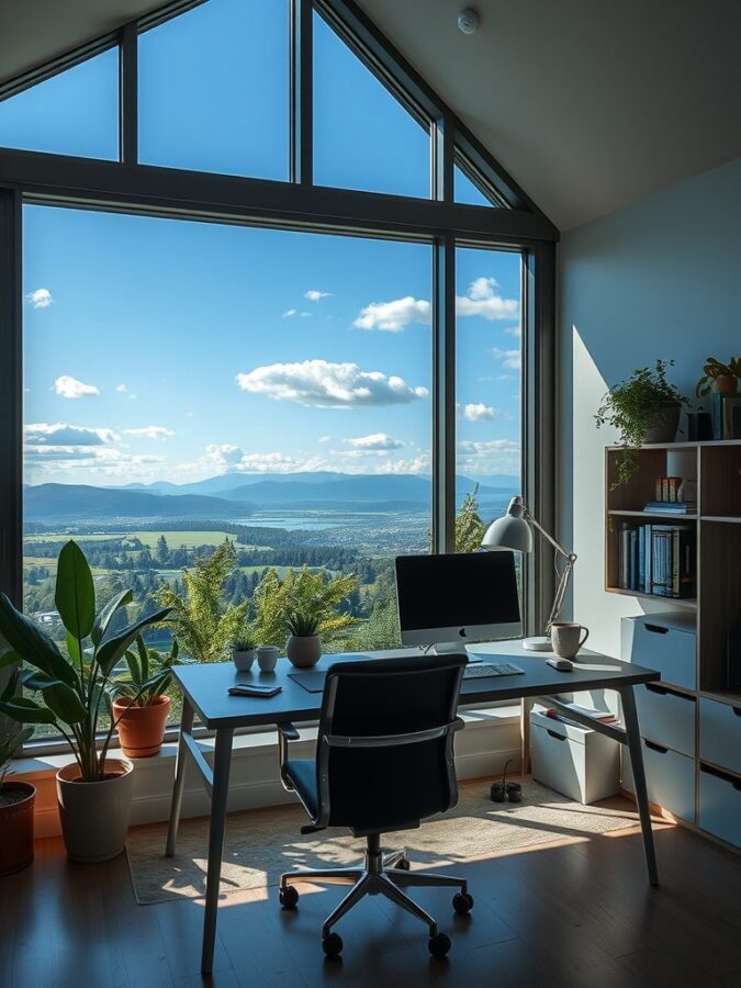 A modern home office with a large window offering a view of mountains and trees, featuring a desk, chair, and plants.