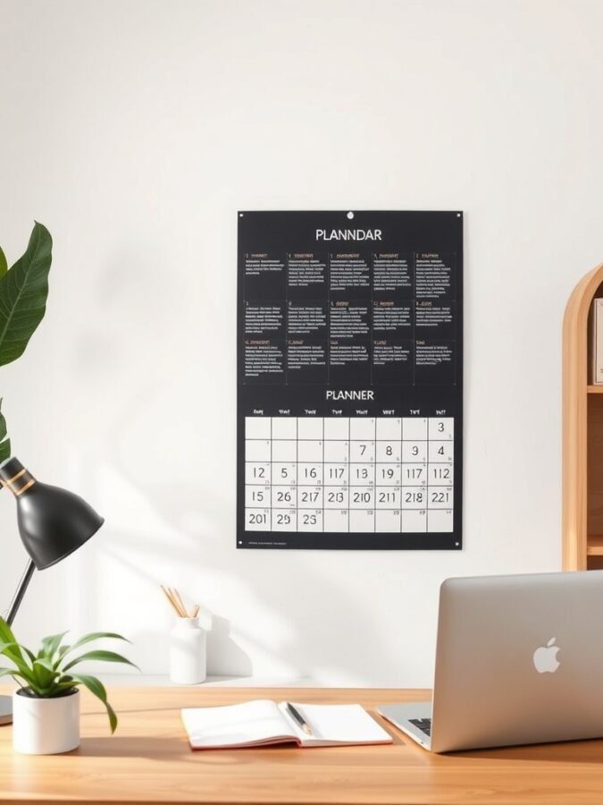A modern home office setup featuring a wall calendar, laptop, and plant.