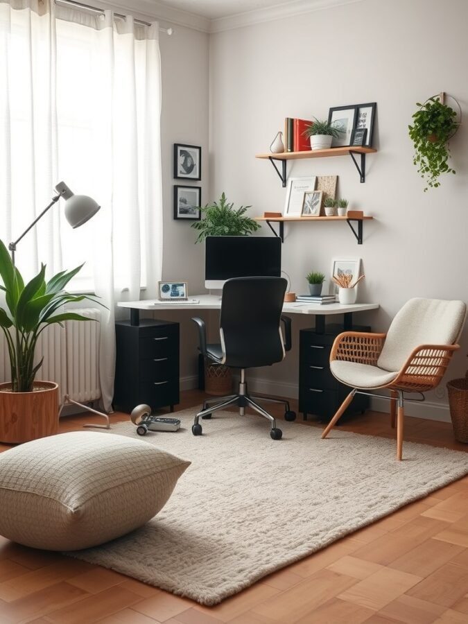 A cozy home office featuring a soft rug, desk, chair, and plants.