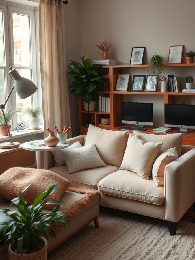 A cozy home office featuring a light-colored sofa with pillows, a side table, plants, and natural light from a window.