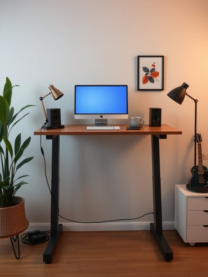 A modern standing desk setup with a computer, speakers, a coffee cup, and a plant.