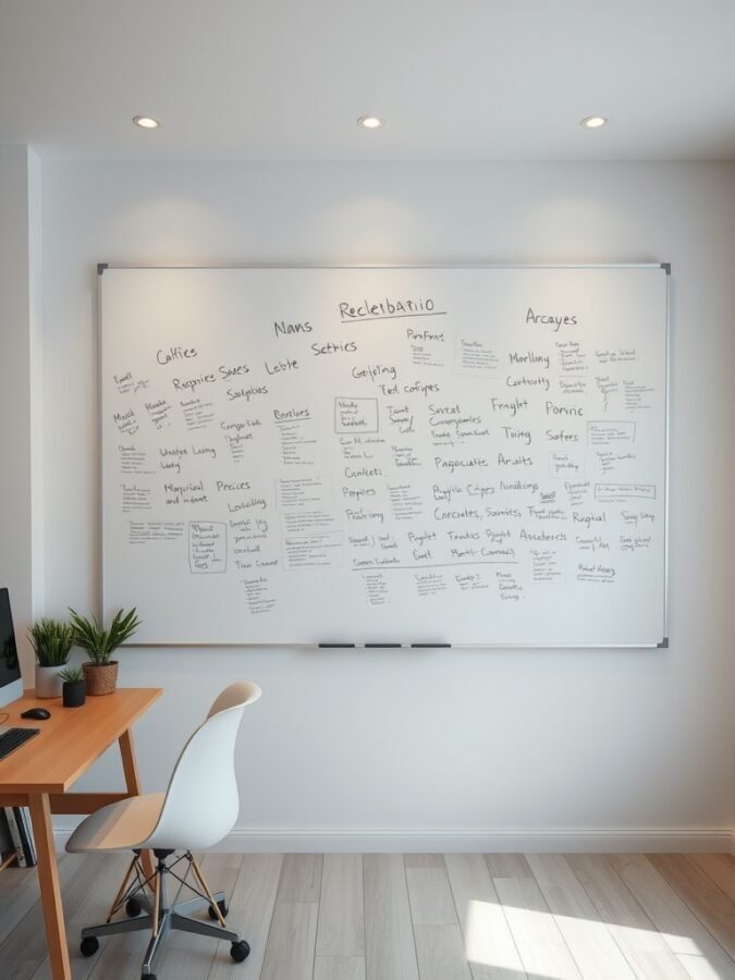 A home office featuring a whiteboard filled with notes and ideas, alongside a desk and chair.