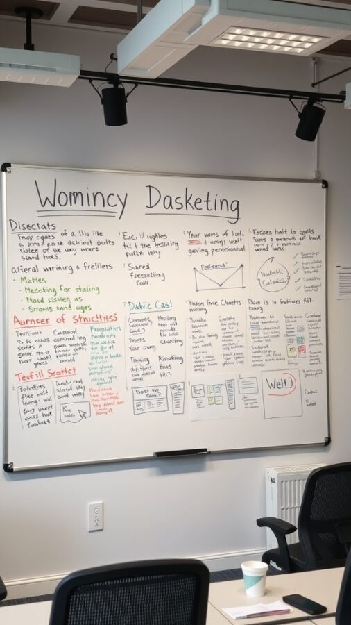 23 Creative Home Office Ideas for Shared Workspaces 21 A whiteboard filled with notes, diagrams, and colorful writing in a shared workspace.