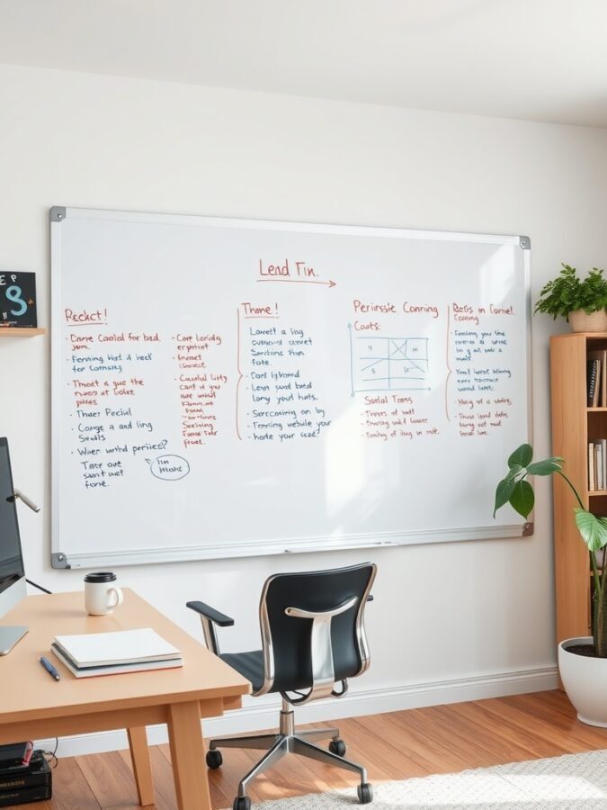 A home office featuring a large whiteboard filled with notes and plans, a desk with a chair, and a plant in the corner.