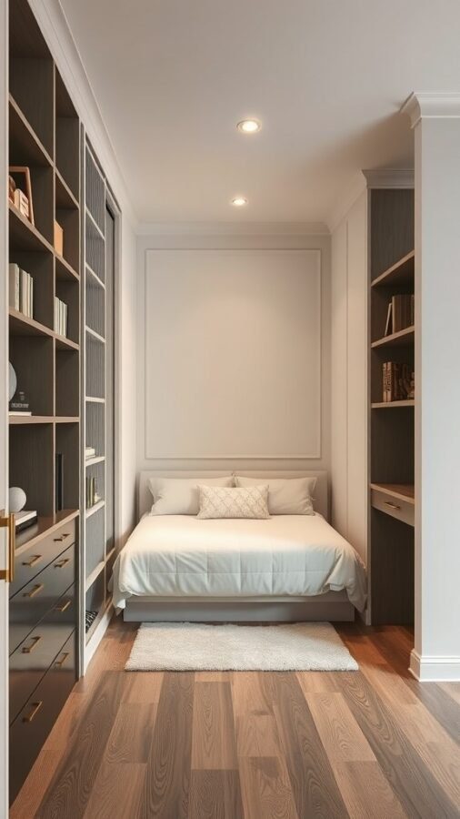 Cozy home office with a built-in closet and a bed, showcasing a modern design.